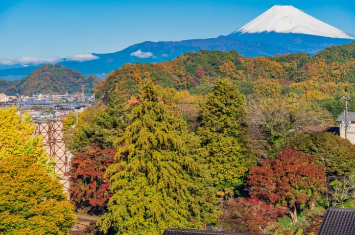 2つの世界遺産、韮山反射炉の向こうに富士山が映っている写真